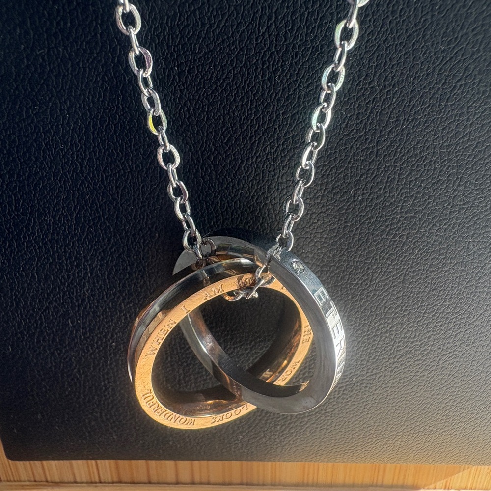 New Titanium over Stainless Steel Pendant, Silver and Gold Interlocking Necklace